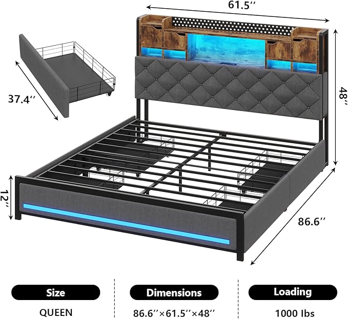 Queen Bed Frame with 4 Drawers and Hidden Storage Headboard,LED Bed Frame with Marshmallow Storage and Charging Station,Light up Queen Platform Bed,No Box Spring Needed, Easy Assembly,Vintage Brown