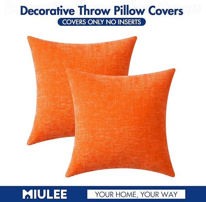 MIULEE Fall Pack of 2 Bright Orange Throw Pillow Covers 16x16 Inch Soft Chenille Pillow Covers for Sofa Living Room Couch Solid Dyed Cases