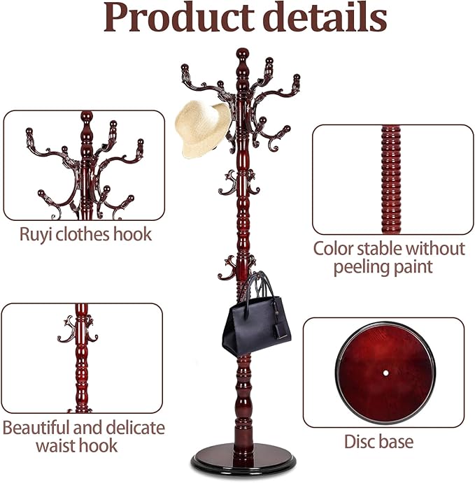 Coat Racks freestanding, High-grade Wooden Tree Coat Rack, Coat Rack Stand With 14 Hooks & Stable Disc Base, For such as coats, jackets, Home Office Hats Tree Hanger (black red)