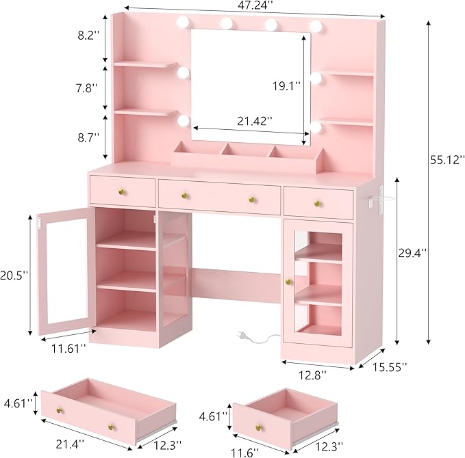 Vanity Desk with Mirror and Lights, Large Makeup Vanity Set with Power Outlet & RGB Glass Cabinet, 3 Drawers, Pink Vanity Mirror with Lights Dressing Table for Girls Women, 3 Color Modes