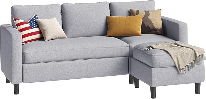 Shintenchi Small Sectional Couch Sofas, 3 Seat L Shape Sofa with Ottoman, Fabric Upholstered Convertible Sofa Couches, Small Couch for Apartments and Office (Light Grey)