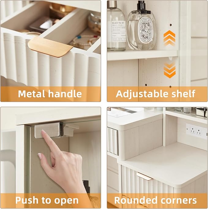 LEYAOYAO White Vanity Desk with Mirror and Lights with Stool, 43.5'' Fluted Makeup Vanity with 6 Drawers and Adjustable Shelves,Wood Make Up Vanity Set with Glass Top and Power Outlet for Bedroom