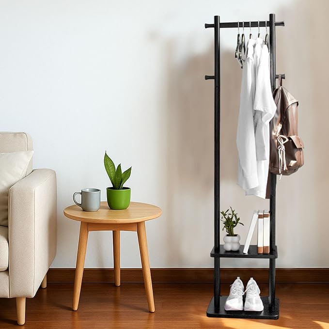 Coat Rack,Freestanding Hall Tree for Entryway Home Bedroom Office,Sturdy Wooden Coat Hanger Stand for Clothes Jacket Hats Bags(Black)