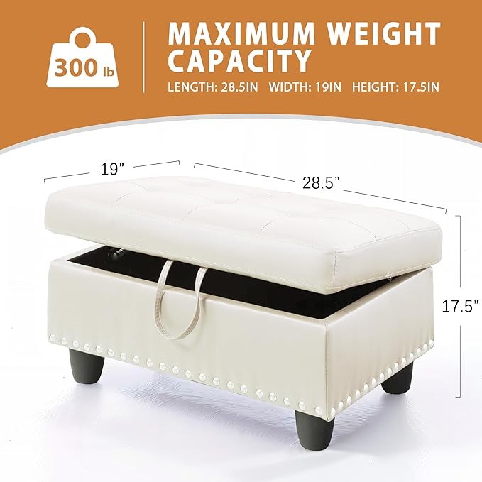 Ottoman Rectangular Storage Ottoman Bench, Faux Leather Footrest, Coffee Table, Stool Footstool with Hinged Lid for Living Room, Bedroom, Entryway, White, 28.5"x19"x17.5"