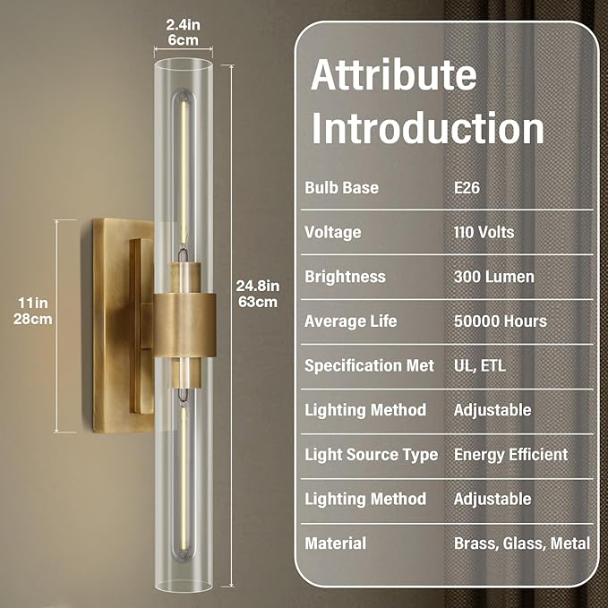 Wall Sconces Set of Two, Brass Wall Lights for Bathroom Vanity, 22.8" Gold Sconces 2-Light, Indoor Brass Wall Sconces for Bathroom Mirror, Vanity, Bedroom, Living Room