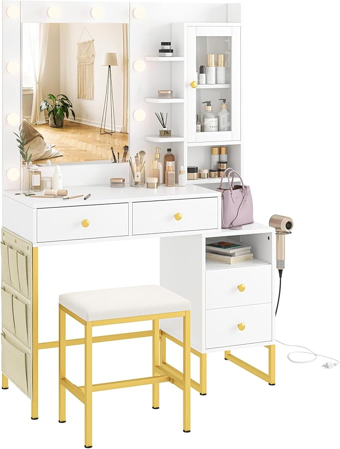 KAMABOKO Vanity Desk with Mirror, LED Lights and Power Outlet, Makeup Vanity Table with Glass Display Cabinet and 4 Drawers, Dressing Table with Stools for Bedroom (White)