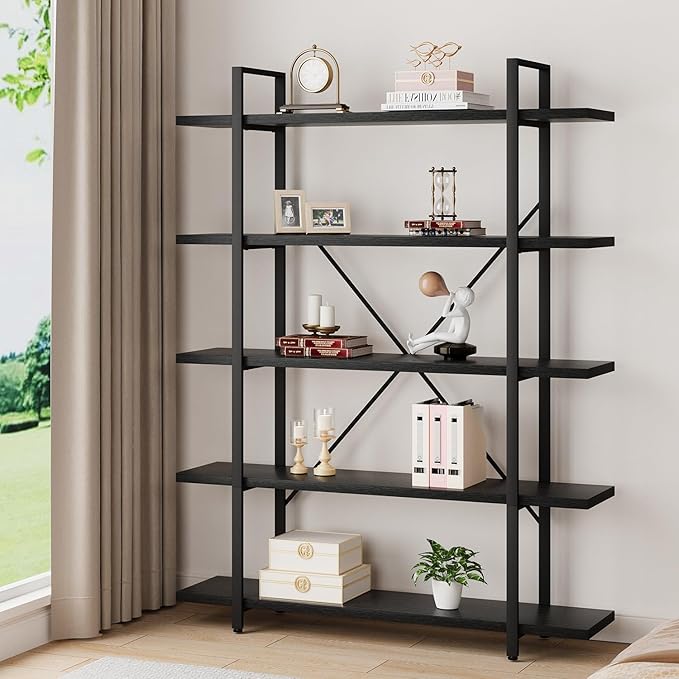 HSH 5 Tier Tall Black Bookshelf, Wood and Metal Storage Book Rack, Industrial Modern Etagere 5 Shelf Bookcase, Large Wide Open Display Book Shelf for Bedroom Living Room Office, Bookshelves Heavy Duty