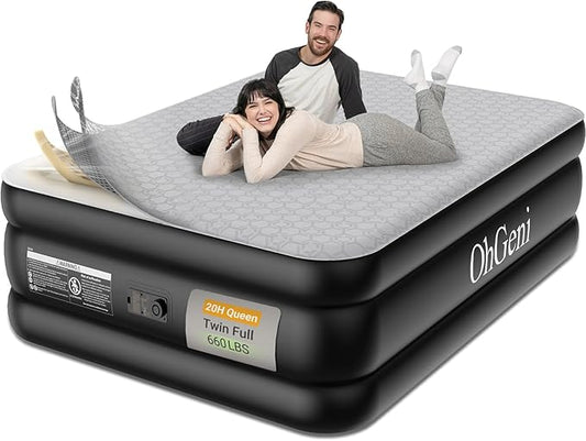 OhGeni 20" Luxury Queen Air Mattress with Built-in Pump, Inflatable Bed with Silk Foam Topper for Superior Comfort, Premium Blow-Up Mattress for Home, Camping & Guest, Easy Setup, Extra Support, Black