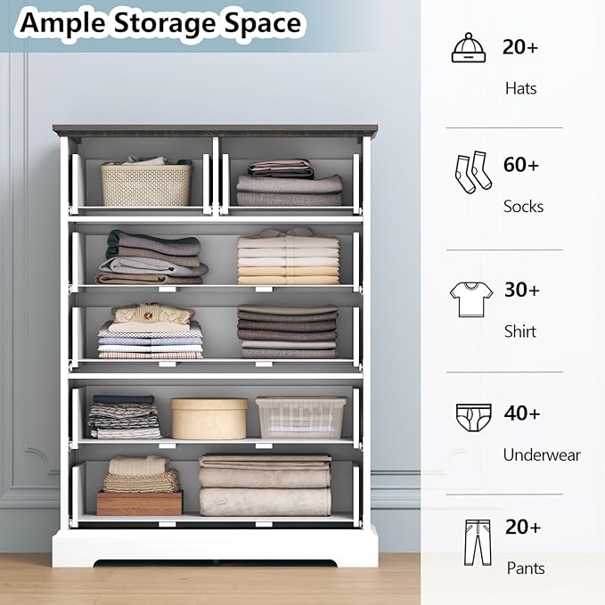 Dresser for Bedroom with 6 Drawer, 43'' Tall Dresser for Closet, Farmhouse Wooden Chest of Drawers with Natural Wood Texture, Vintage Storage Organizer for Living Room, Hallway, White