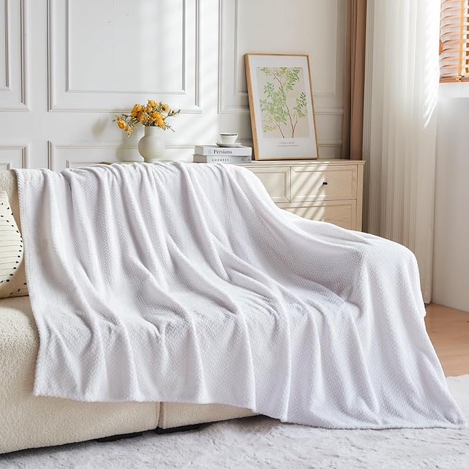 NEWCOSPLAY Super Soft Twin Blanket White Premium Silky Flannel Fleece Leaves Pattern Lightweight Bed Blanket All Season Use (White, Twin(60"x80"))