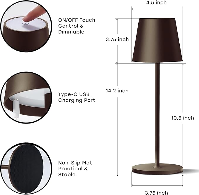 2 Pack Cordless Table Lamp,Portable LED Desk Lamp, 5200mAh Battery Operated, 3 Color Stepless Dimming Up, for Restaurant, Bedroom, Bars, Outdoor Party, Camping, Coffee Shop Night Light Coffee