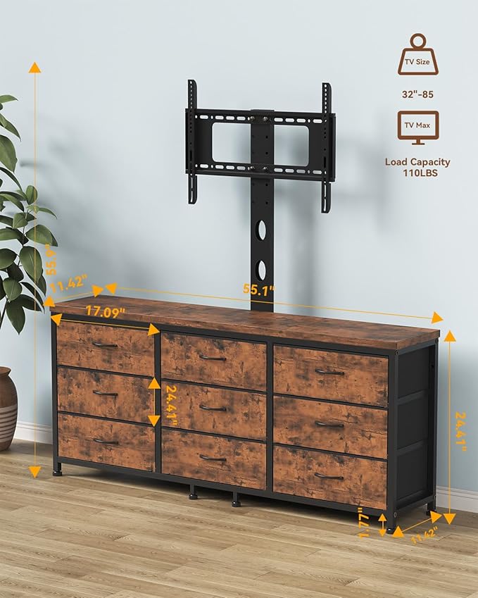 TV Stand with Mount for 32/55/65/75/85 inch TVs, Entertainment Center with 9 Fabric Drawers Dresser Storage, Height Adjustable Media Console