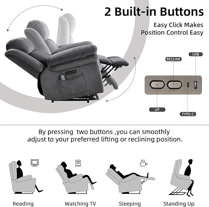 Phoenix Home Oversize Power Lift Recliner Chair with Heat & Massage for Elderly, Extra Large Electric Chair for Adult, Recliners for Living Room,2 Side Pockets, USB and Type-C Port, Dark Grey