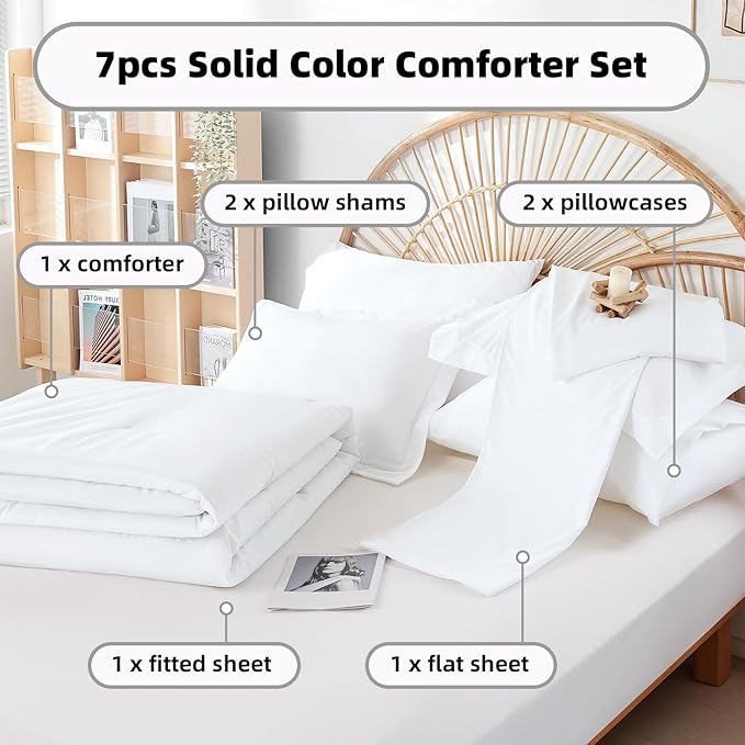 weigelia Full Size Comforter Set 7 Pieces White Comforter Full Size for Women and Men Microfiber Fluffy Comforter Set Full Comforter Set with Sheets and Pillow Shams Ultra Soft Lightweight All Season