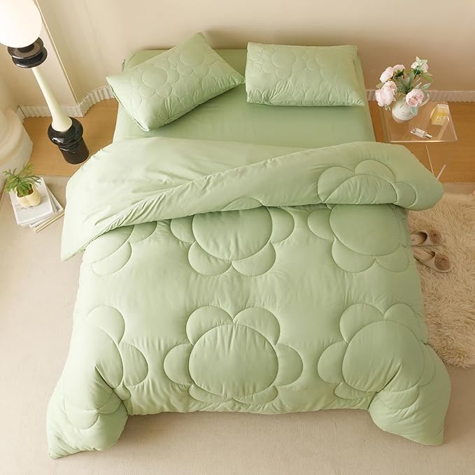 Luxlovery Sunflower Sage Green Comforter Set Full Light Green Quilts Big Flowers Bedding Comforter Set Botanical Farmhouse Soft Breathable Bohemian Comforter Women Girls