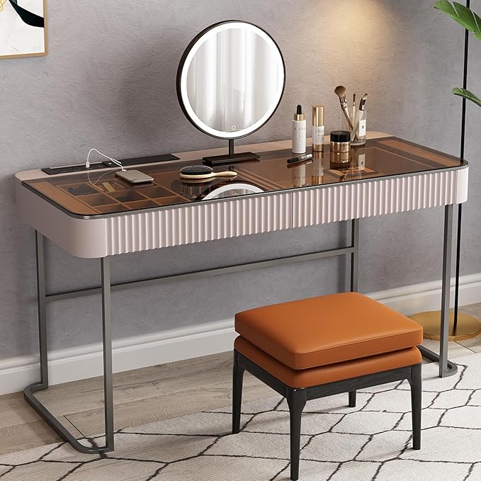 Lartis Makeup Vanity,Dresser Stool Set,Dresser,Computer Desk,partitioned Storage,Smart Socket,LED Makeup Mirror