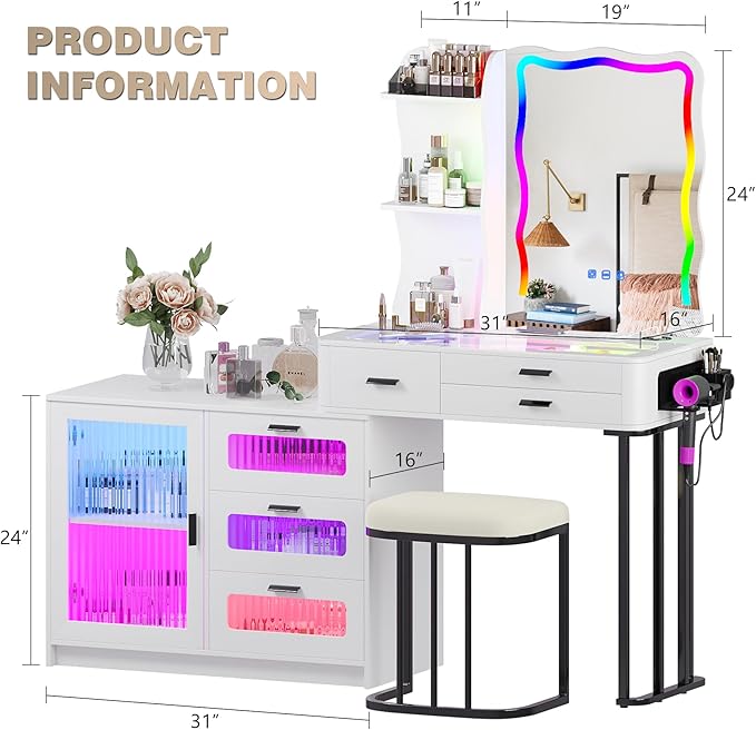 RGB Makeup Vanity Desk with Wireless Charging Station,Vanity Mirror with Lights Desk and Chair,8 Drawers,Stool,7 Dynamic and 7 Static Dimmable Vanity Table with Glass Desktop
