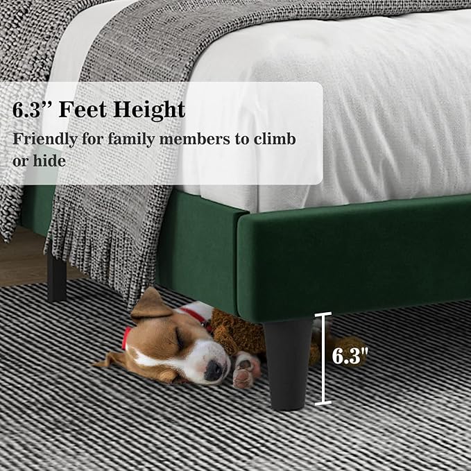 Allewie Queen Bed Frame/Velvet Upholstered Bed Frame with Vertical Channel Tufted Headboard/Strong Wooden Slats/Platform Bed Frame/Mattress Foundation/Box Spring Optional/Easy Assembly/Green
