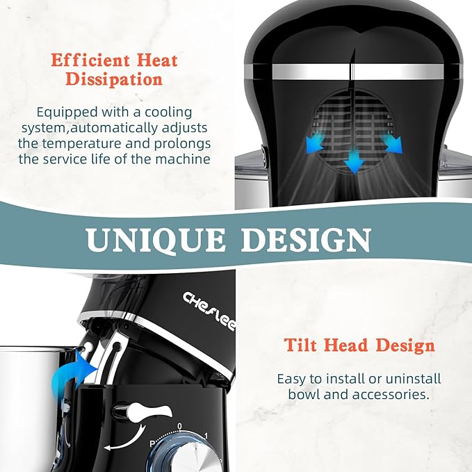 CHeflee Stand Mixer,660W 6+P With 6.5QT Stainless Steel Bowl,Dough Hook, Wire Whip & Beater,for Most Home Cooks,Black