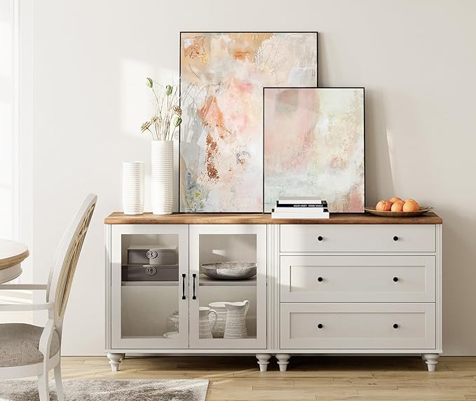 WAMPAT TV Stand for 75 Inch TV, Wood TV Cabinet Entertainment Center Television Stands for Living Room, 2-in-1 Sideboard Buffet Cabinet with Glass Door & Drawer for Kitchen, Off White