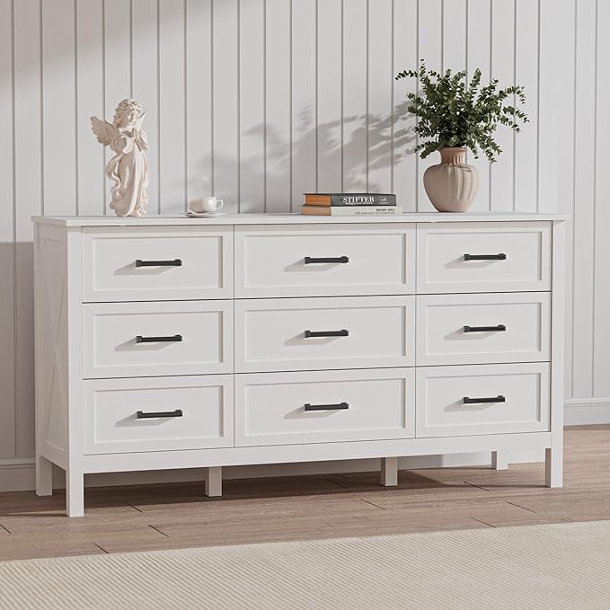 LYNSOM Farmhouse 9 Drawers Dresser for Bedroom, 55" Wide Wood Rustic Chest of Drawers with Natural Texture, Metal Handle, Storage Dressers Organizer for Entryway, Hallway, White