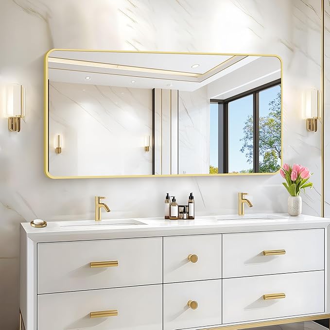 55x30 Inch Gold Bathroom Mirror, Metal Framed Gold Rectangle Mirrors, Rounded Rectangular Vanity Mirror, Large Wall Mounted Mirrors for Living Room Bedroom Entryway Hangs Horizontal or Vertical