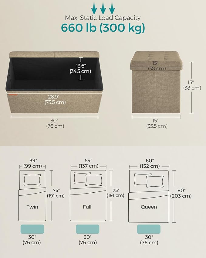 SONGMICS Mazie Collection - 30 Inches Storage Ottoman, Foldable Storage Bench with Flipping Lid, 660 lb Load Capacity, for Entryway, Living Room, Bedroom, Camel Brown ULSF046K01