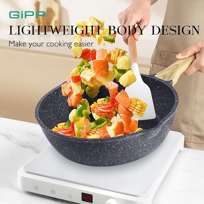 GiPP Pots and Pans Set Non Stick - 10 Pcs White Granite Kitchen Cookware Sets Nonstick Induction Cookware Cooking Pan Set with Frying Pans, Saucepans and Silicone Utensils, PFOS & PFOA Free, Gray