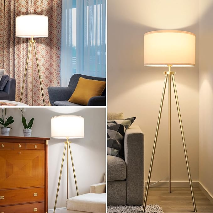 ALLDIO Tripod Floor Lamps for Living Room, Modern Standing Lamp with Drum Shade, Simple Industrial Tall Lamp, 9W LED Bulb Included - Brass