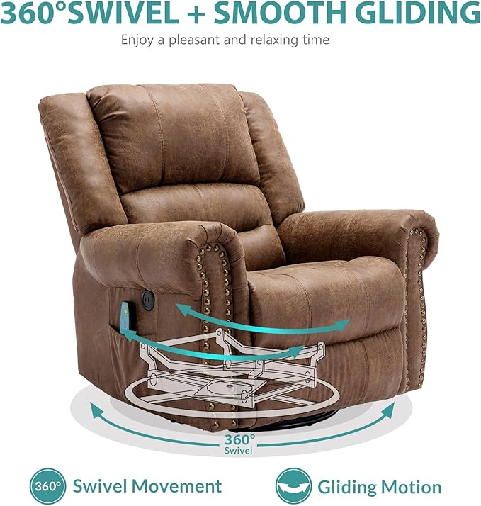 MEETWARM Massage Swivel Rocker Recliner with Heat and Vibration, Manual Glider Rocking Recliner Chair, 360°Swivel Lounge Reclining Chair with Remote Control/USB Ports for Living Room(Brown)