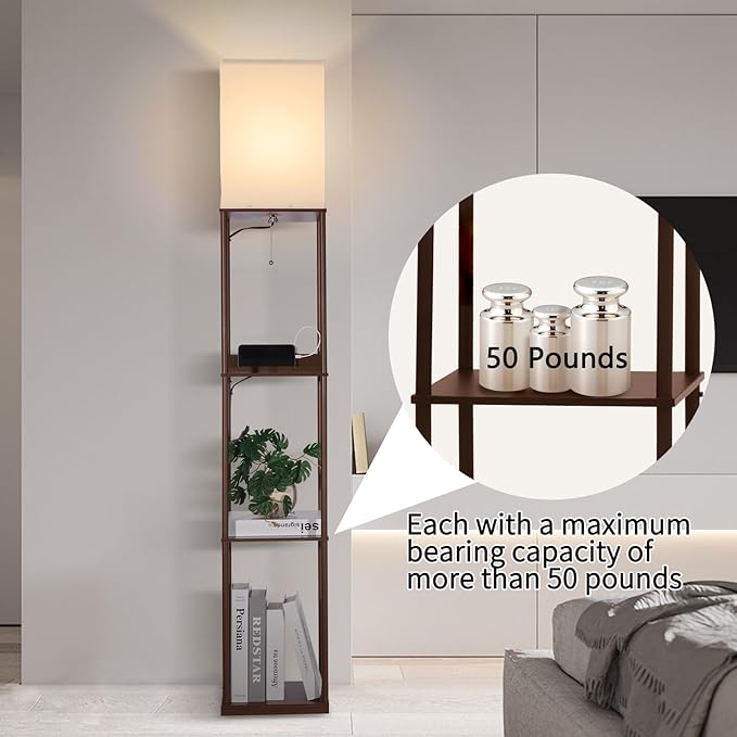 Floor Lamp with Shelves, with 2 USB Ports and Power Outlet Modern Square Standing Lamp with 3 Color Temperature Bulb, Corner Display Bookshelf Lamp for Living Room, Bedroom and Office (brown-9DY)