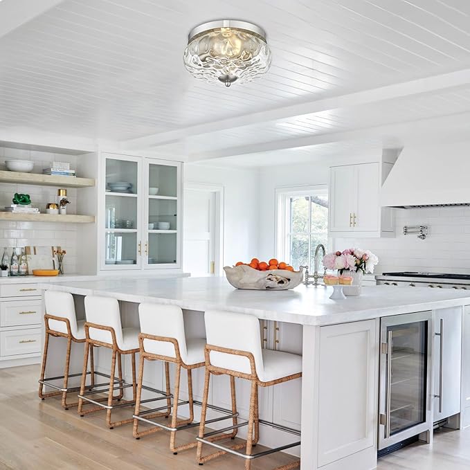 Darkaway Ceiling Light Fixtures Flush Mount Indoor Outdoor Ceiling Light with Water Ripple Glass Shade for Hallway Kitchen Bedroom Porch Living Room Nickel Finish