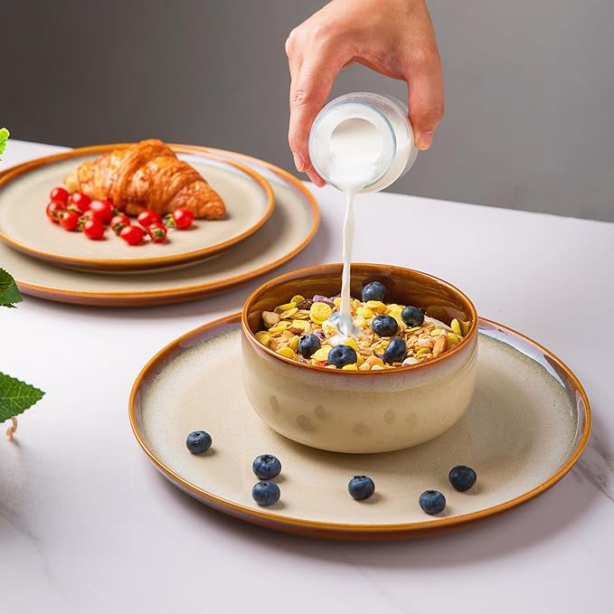 LERATIO Ceramic Dinnerware Sets for 8,Plates and Bowls Sets,Reactive Glaze Dishes Set,Highly Chip and Crack Resistant | Dishwasher & Microwave & Oven Safe Dishes set,Service for 8-Kahki (24pc)