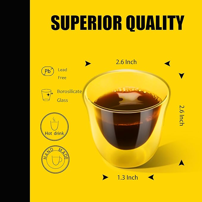 PunPun Espresso Cups, 2.0OZ. 60ml, Double Wall Clear Thermo Glass, Set of 4