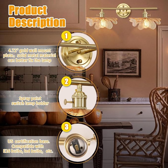 Bathroom Light fixtures Vintage Wall Sconce 2 Light Bathroom Vanity Light Gold Wall Sconce Lights Amber Glass Art Deco Vanity Lights Over Mirror for Bedroom Hallway Living Room