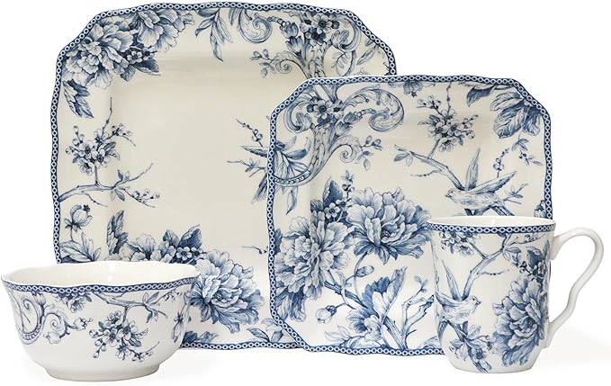 222 Fifth Adelaide 16-Piece Square Floral Dinnerware Set – Service for 4, Blue & White Porcelain Plates & Bowls, for Everyday Dining & Entertainment, Microwave & Dishwasher Safe, Chip Resistant