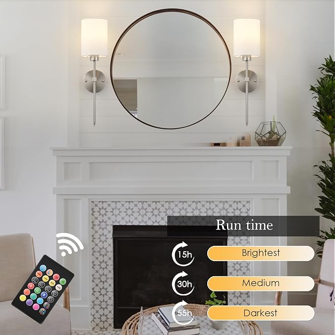 Battery Operated Wall Sconces Set of Two,Wireless Rechargeable Wall Light With Remote Control, Dimmable, Amber Light/Warm White/Natural White/Daylight/RGB,Timer,for Living Room,Bedroom,Entryway,Nickel