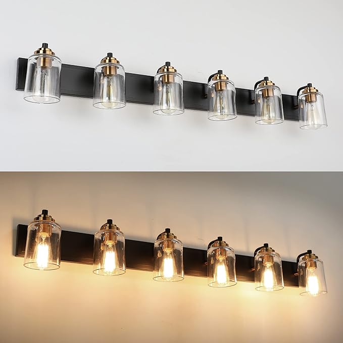 SOLFART Bathroom Vanity Light Black and Brass Bathroom Light fixtures Durable Glass Globe Vintage Stylish Lighting 6 Lights(8580)