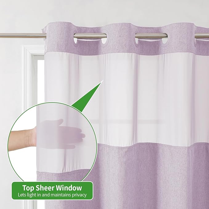 Long No Hooks Needed Linen Textured Shower Curtain with Snap-in Fabric Liner Set,Hotel Luxury Decor Shower Curtains for Bathroom,Waterproof & Washable,71Wx80H,Lavender