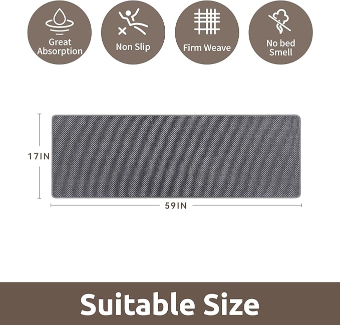 AMOAMI Chenille Bath Mat Super Absorbent Bathroom Mat Quick Dry Low Pile Bath Mats for Bathroom Washable Rubber Backed Bathroom Runners Fit Under Door, Front of Bathtub, Darkgrey&LIGHTGREY 17"x59"