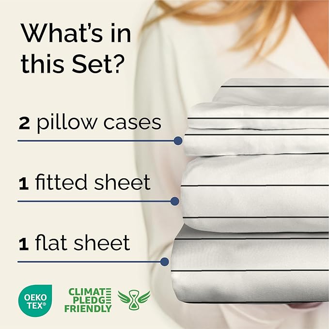 Striped Sheets - Beige & White Striped Sheets - 1 Flat & 1 Fitted & 2 Pillowcases w/ Deep Pockets – Wrinkle & Fade Free - Soft, Breathable and Cooling – Luxury Pinstripe Bedding - Queen Size Bed Set