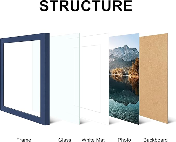8x10 Picture Frame Set of 4, High Definition Real Glass, Display Pictures 5x7 with Mat or 8x10 Without Mat, Gallery Wall Hanging or Tabletop Photo Frames, Blue