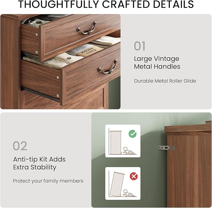 DICTAC Farmhouse 6 Drawers Dresser for Bedroom, 48.2" Tall Dressers Chest of Drawer, Large Storage Closet Organizer with Natural Texture and Vintage Metal Handle, Wooden Vertical Dresser for Hallway