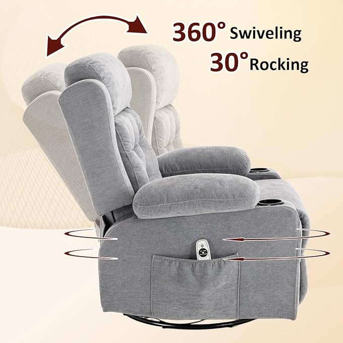 Overstuffed Rocker Recliner Chair with Massage and Heat, Mid Century Ergonomic Rocking Swivel Recliners Lounge Chair for Living Room, Manual Recliner Sofa Chairs with 2 Cup Holders, USB
