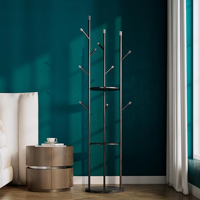 metal Coat Rack whit Marble base,heavy duty coat hanger Stand, Freestanding Coat Racks with 3 Shelves and 9 Hooks,Coat Tree for Entryway, Bedroom, Coats, Bags,purse,Sturdy and Easy to Assemble