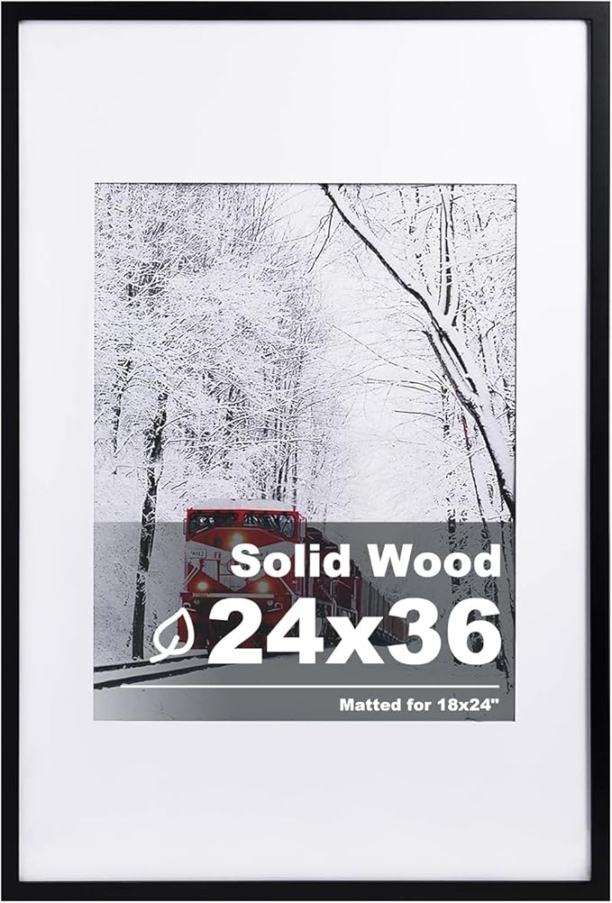 Egofine 24x36 Solid Wood Picture Frame, Made of Solid Wood Covered by Plexiglass 18x24 with Mat 24x36 without Mat, Poster Frame for Wall Mounting Photo Frame Vertically or Horizontally, Black