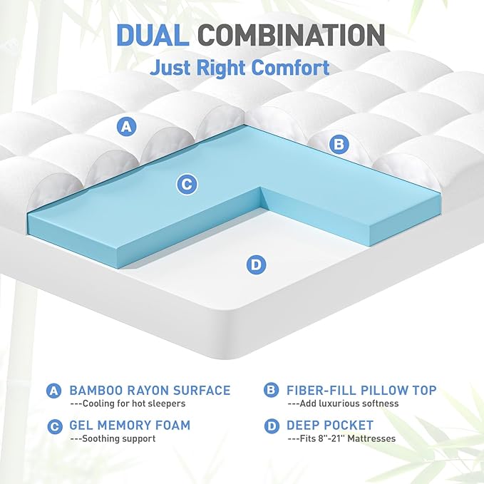 Dual Layer 3 Inch Memory Foam Mattress Topper Full Size, 2 Inch Cooling Gel Memory Foam Plus 1 Inch Down Alternative PillowTop Mattress Pad Cover with 8-21 Inch Deep Pocket