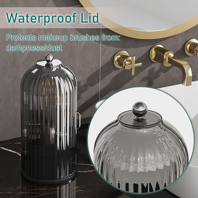 GAXmi Makeup Brush Holder with Lid Cosmetic Tools Organizer 360 Rotating Waterproof Dustproof Beauty Brushes Storage for Vanity, Black-Grey