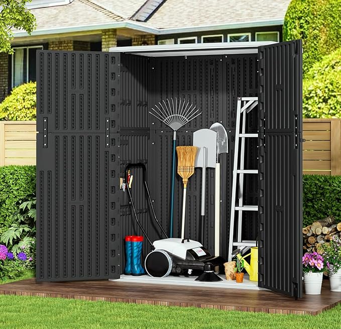 KINYING Outdoor Storage Cabinet Waterproof, 57 Cu.ft Resin Vertical Outdoor Storage Shed for Patio Furniture, Garden Tools, Pool Accessories, Mower Storage (Black)