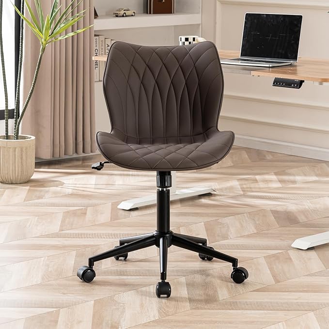 YOUNUOKE Armless Desk Chair Comfy Office Chair with Wheels Home Ergonomic Task Chair Adjustable Computer Chairs Modern Faux Leather Swivel Chair Upholstered Makeup Vanity Chair with Back(Brown)